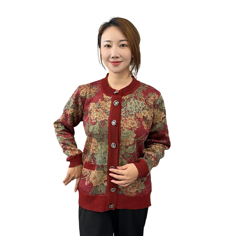 高档老年人女装加绒上衣毛衣加厚老人秋冬开衫保暖妈妈衣服外套女