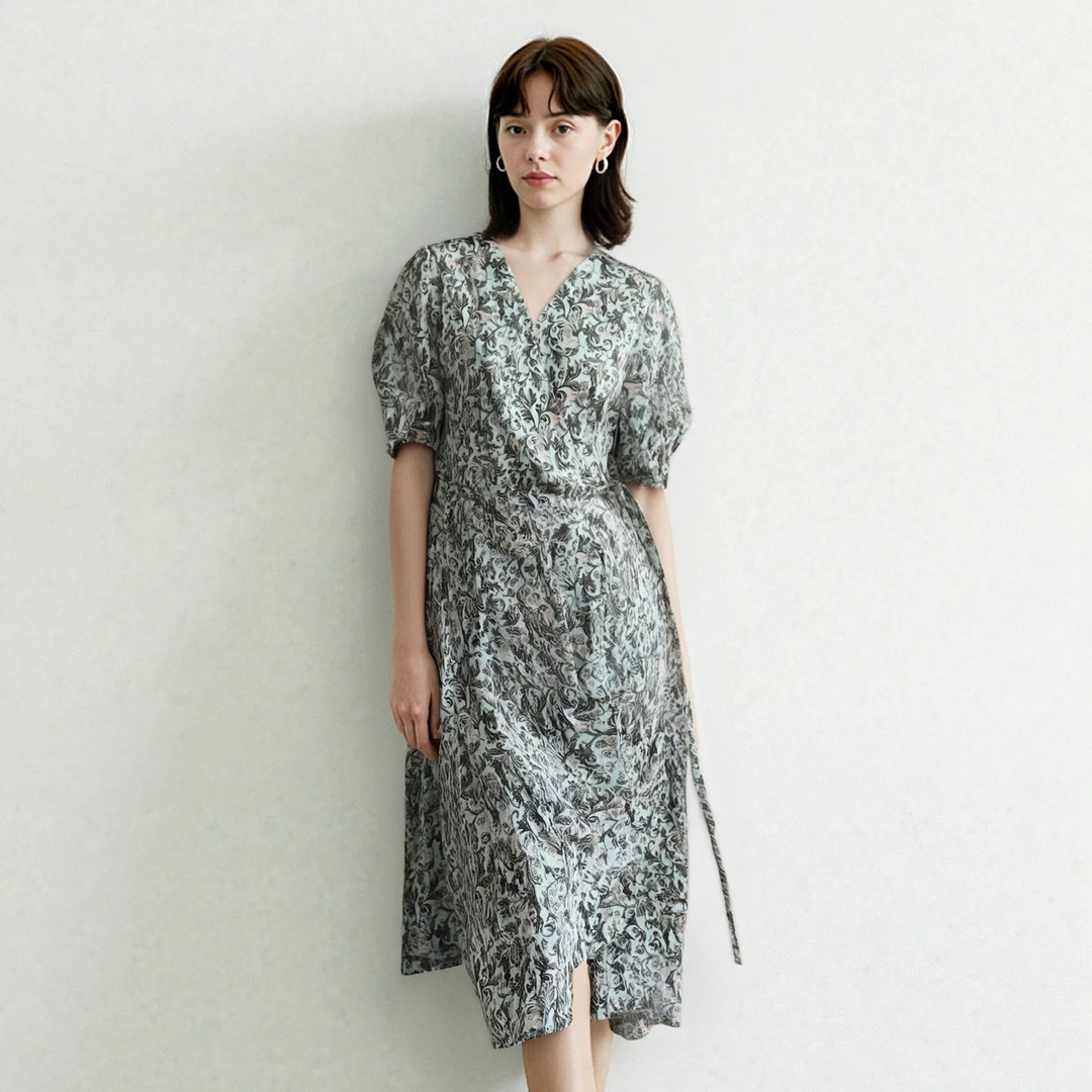 8255782lans‘高级感印花连衣裙女夏25新款气质优雅桑蚕丝连衣裙蓝