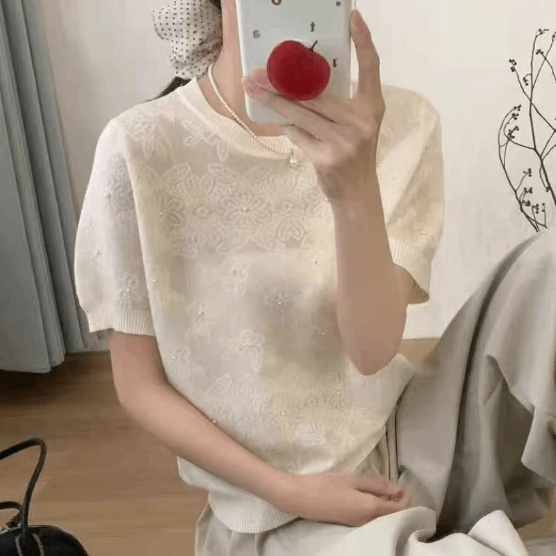 【蕾丝钉珠-白色】夏款2025新款半袖针织短袖女t恤