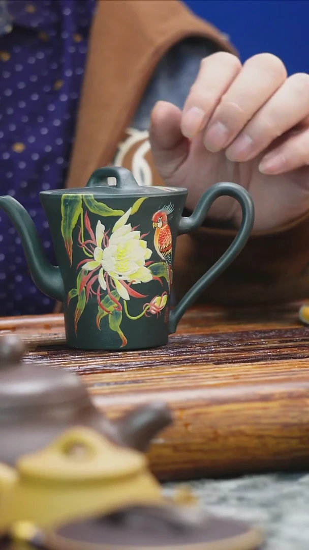 茶壶紫砂景州绿泥泥绘鹦鹉汲直