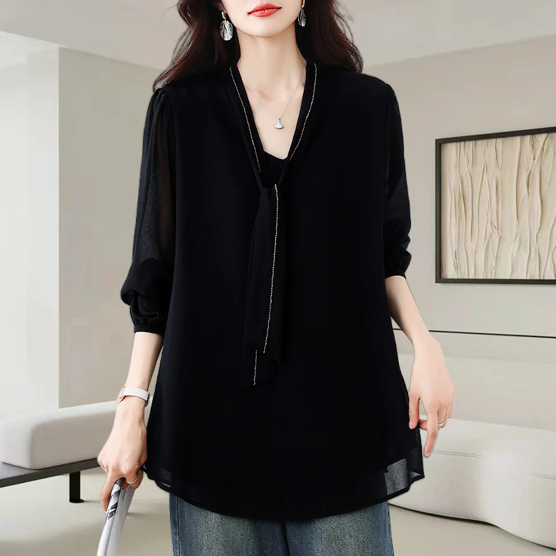 黑色V领长袖雪纺衫女秋季2025新款洋气减龄宽松显瘦休闲百搭上衣