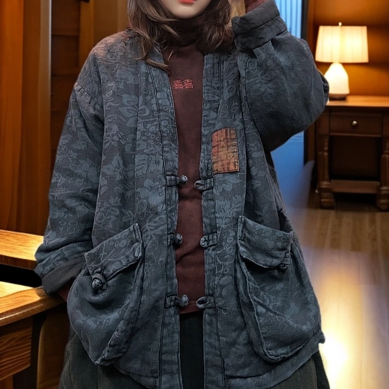 美子原创炒色做旧百搭提花亚麻短款棉衣（衣长68胸围130）