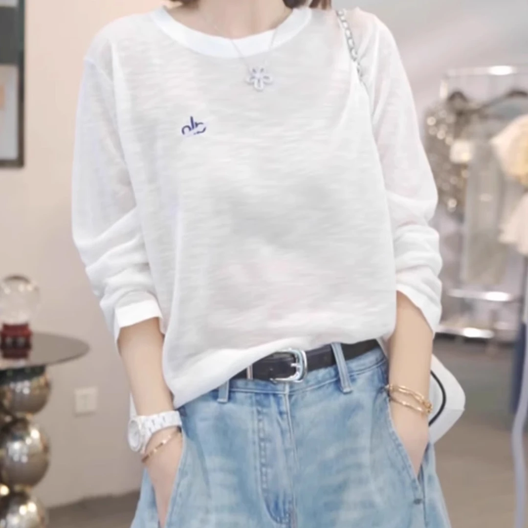 高级感白色长袖t恤女士夏季2025新款薄款冰丝空调上衣防晒衣罩衫