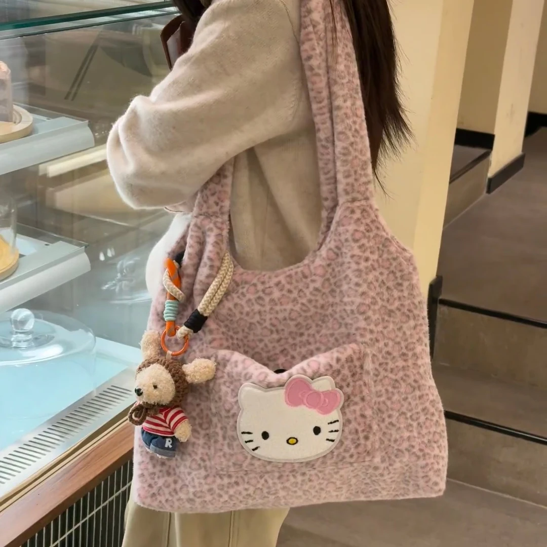 ZY新款粉色毛绒豹纹托特包美拉德系休闲大容量慵懒百搭通勤单肩包