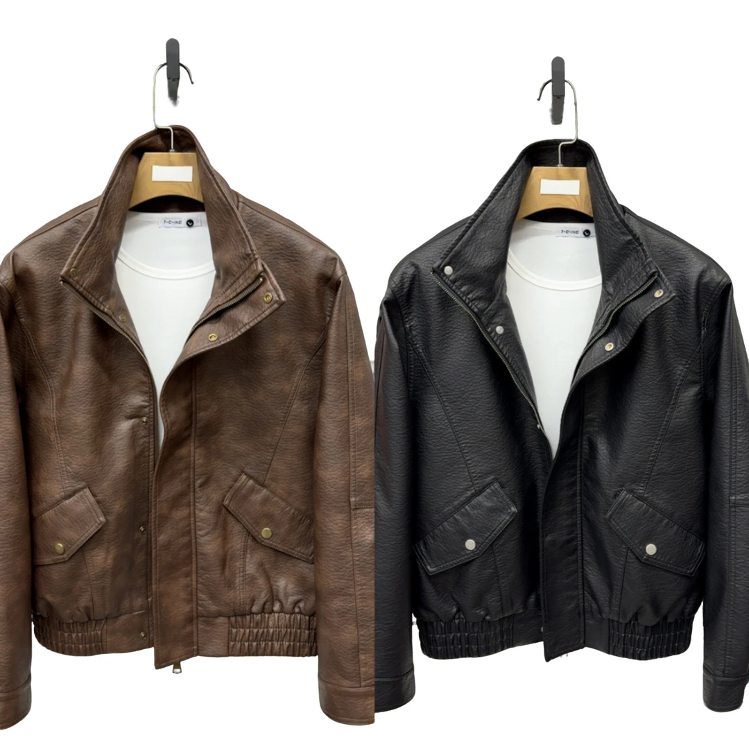 春季新款男士休闲时尚百搭轻奢立领拉链韩版皮衣夹克911上衣外套