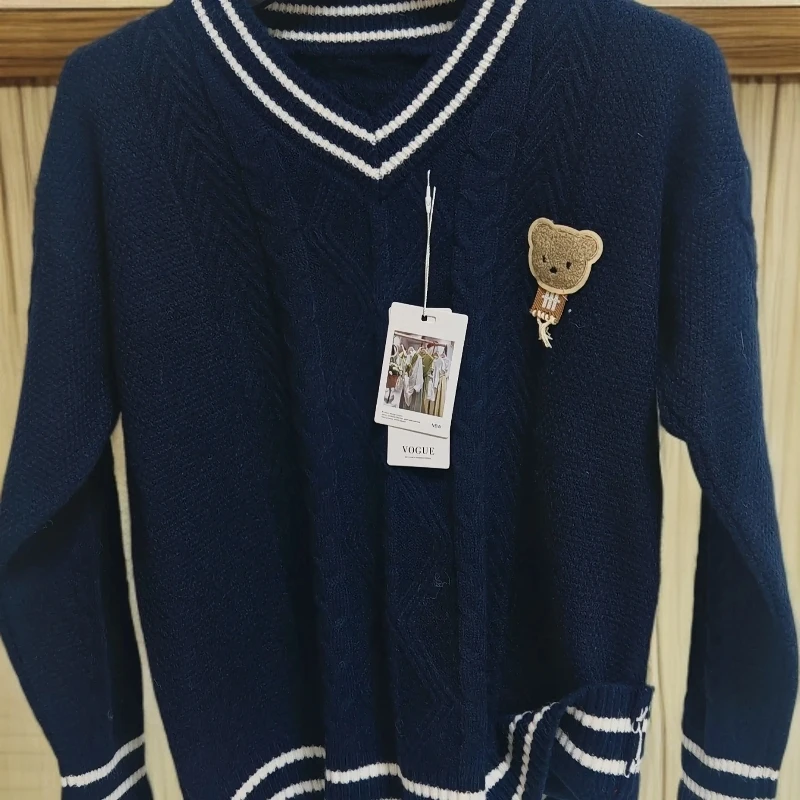 韩系慵懒风小熊刺绣V领针织毛衣女秋冬宽松显瘦学院风温柔上衣