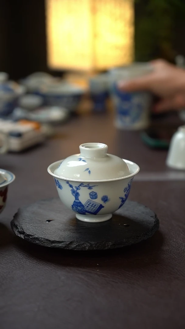 景德镇全手工手绘青花清供二才盖碗