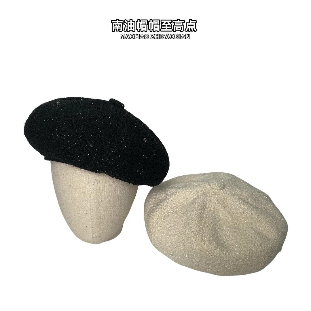 南油帽帽至高点-帽子女秋冬百搭时尚细闪带钻八角贝雷帽
