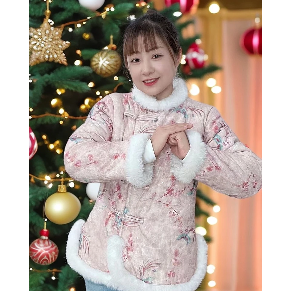 花棉袄加绒加厚小花袄国风复古冬季中式秋冬民族风通用保暖仿兔毛