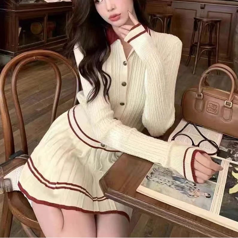 （TZ）套装显瘦小香风时尚针织网红秋冬撞色