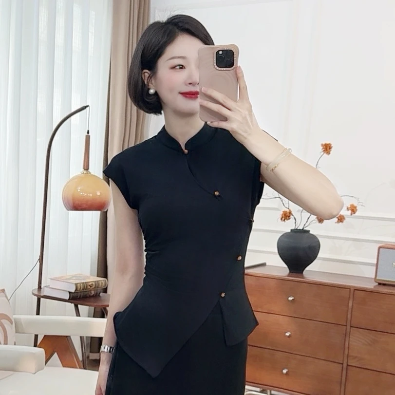 2025新款T恤女新中式别致立领短袖女装棉修身显瘦小众时尚百搭款