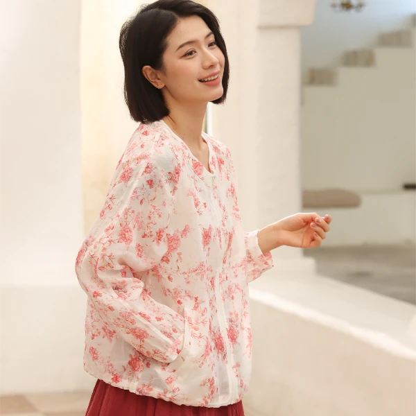 无色无味 【蜜意生活】田园休闲印花鸡心领拉链长袖衬衫外套