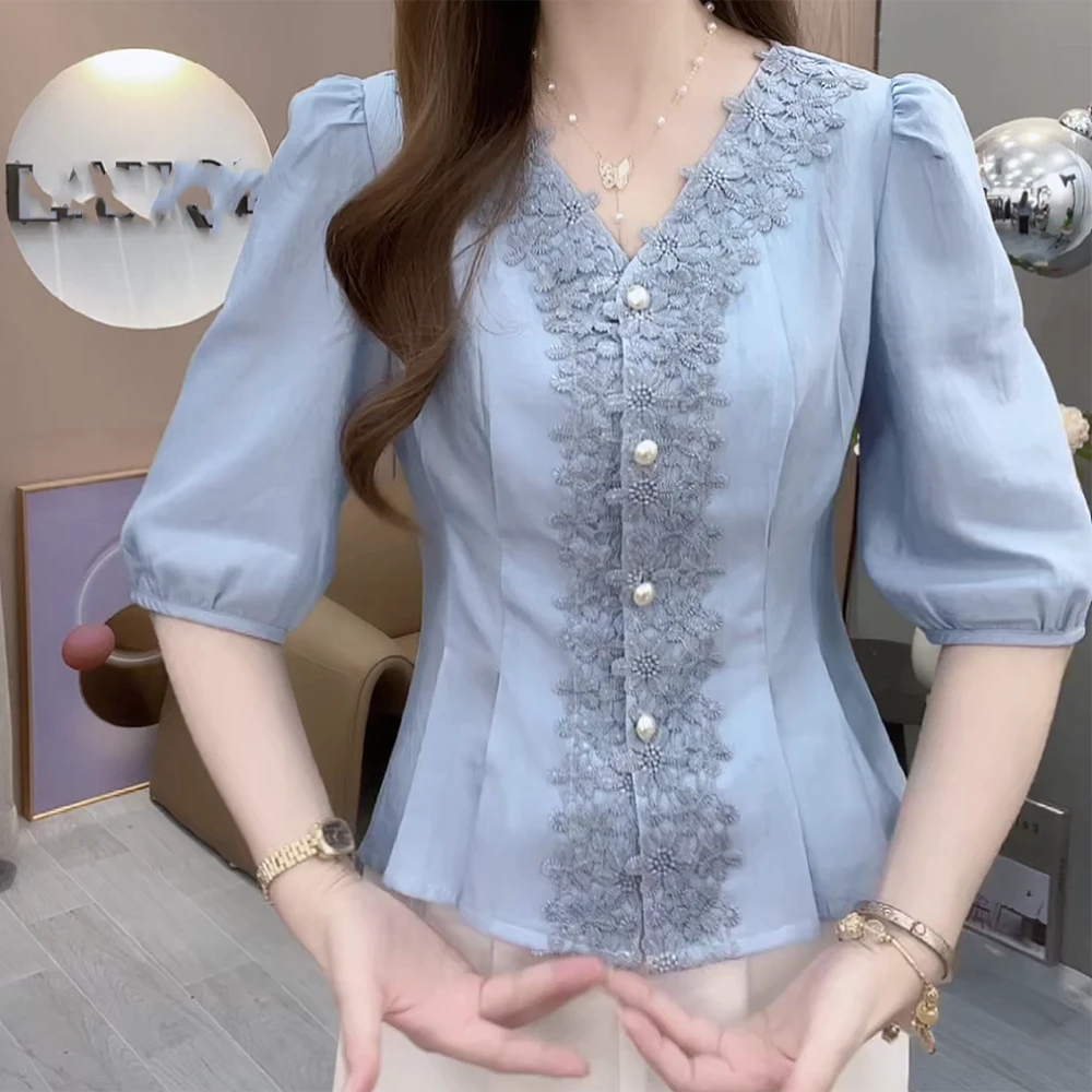 夏季新款V领衬衫女洋气百搭气质减龄上衣C5643