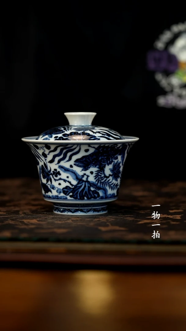 风****里青花仿明鱼藻马蹄两才盖碗