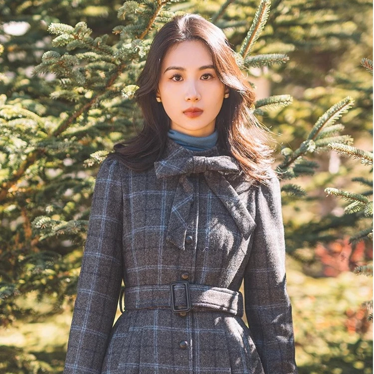 撒哈拉设计【十年】招牌限定 知性迷人灰蓝格全羊毛呢长款外套裙