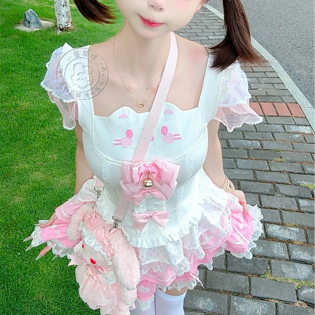 【小兔星球】芭蕾喵原创粉嫩蕾丝上衣下裙软妹古早女儿服双子Lolita