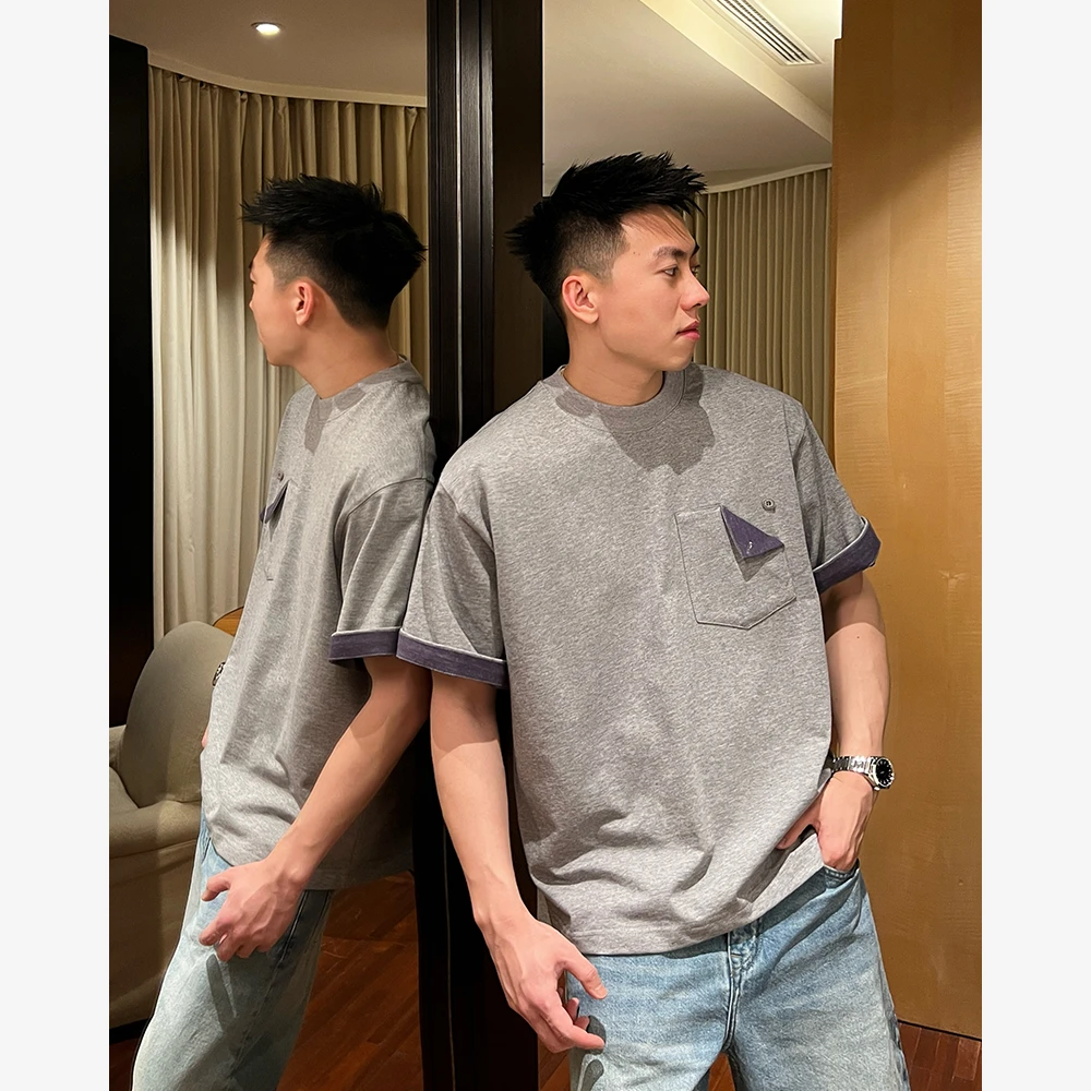 YIHAO STUDIO夏季新款时尚拼色T恤纯棉休闲宽松口袋圆领短袖