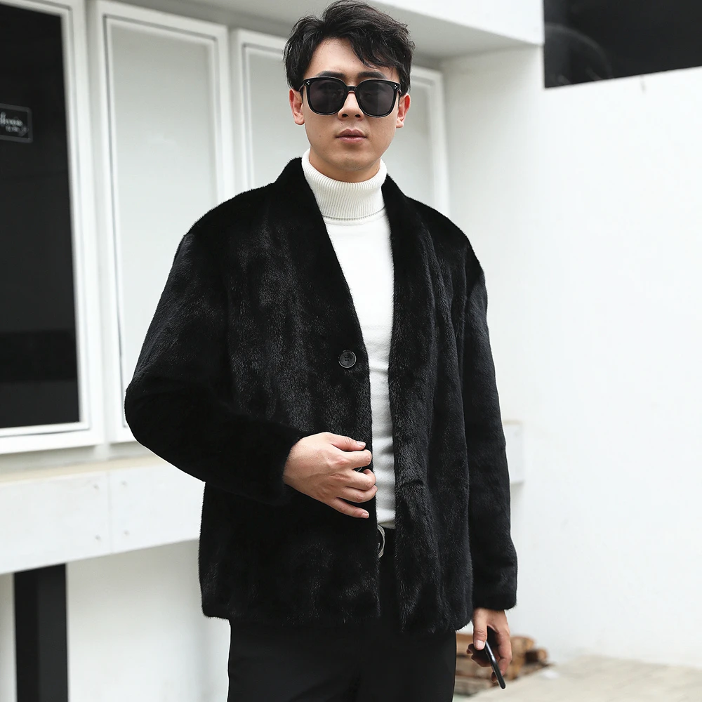 新款黑色V领时尚道袍黑色顺毛貂皮开衫