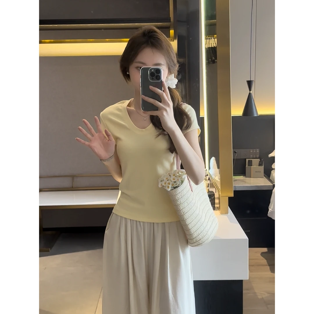 2025春夏新款U型领短袖T恤韩系简约百搭舒适纯色弹力显瘦内搭上衣