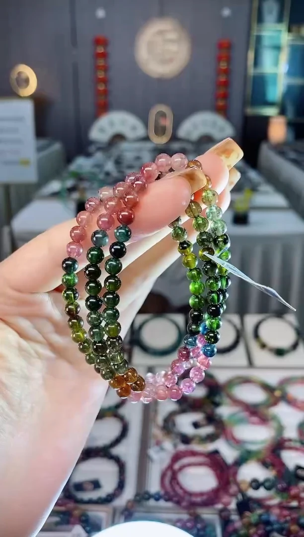 未镶嵌老矿碧玺彩糖透体三圈手串5mm+碧玺dan多样性发货一条