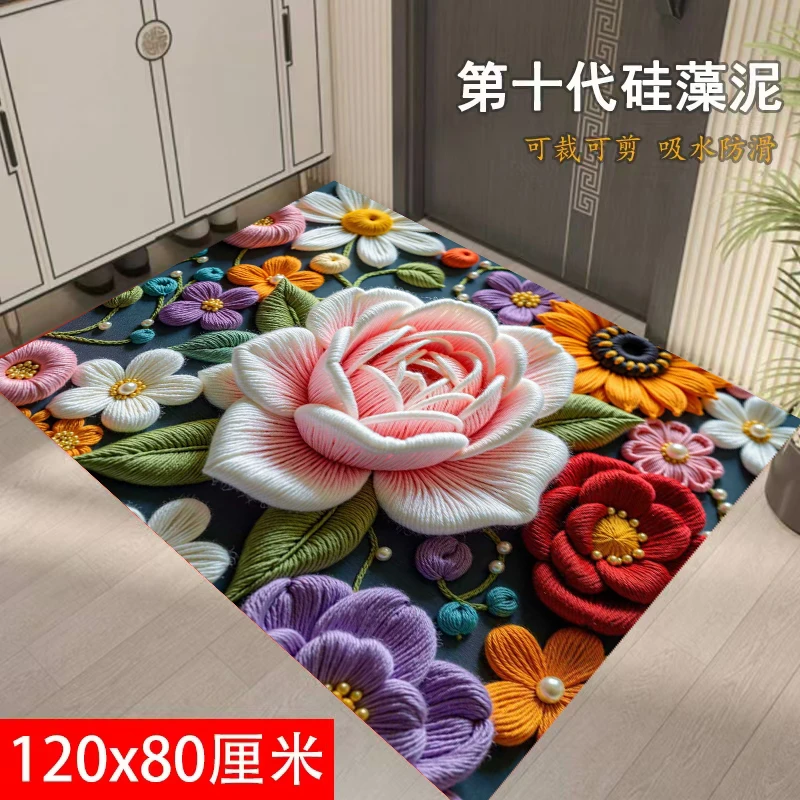 【大号门口垫】120*80-入户门垫吸水防滑硅藻泥门垫可裁剪-毛线花