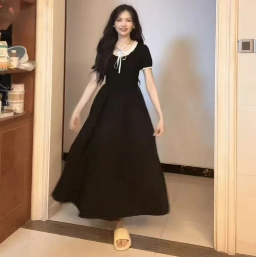 【现货秒发】法式复古撞色蝴蝶结连衣裙夏季减龄收腰A字裙气质长裙