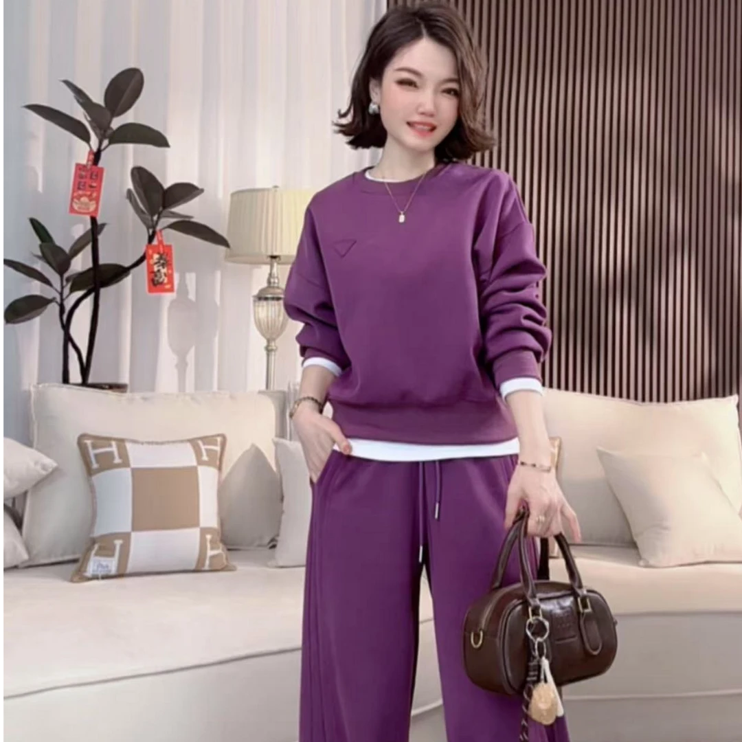 【柏曼专属】休闲运动套装春装时尚气质阔腿裤宽松短款套装-25L016