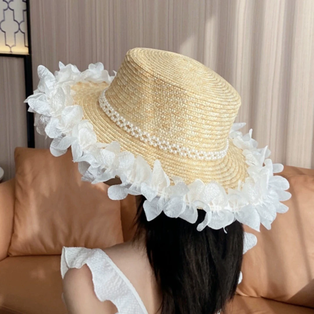 公主家80152珍珠蕾丝花边平顶草帽女仙女遮阳帽子防晒遮阳太阳帽
