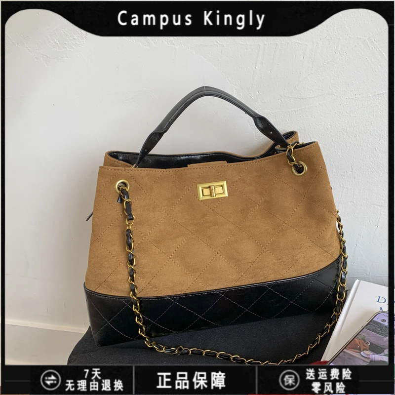 【MEIMEI美娜】小香家新款25A麂皮拼色托特包女大容量链条包腋下包