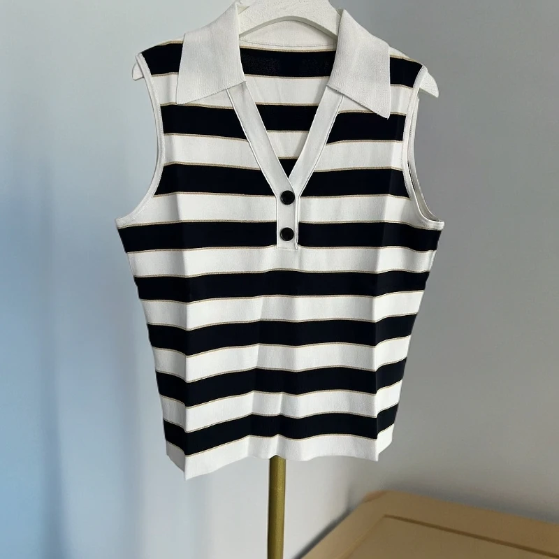 GXO夏季黑白条纹无袖T恤女时尚通勤上衣SY0014