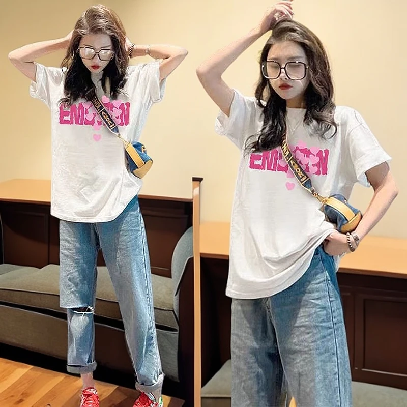 圆领显瘦时尚宽松版大码纯棉印花女士短袖T恤新款中长款上衣夏季