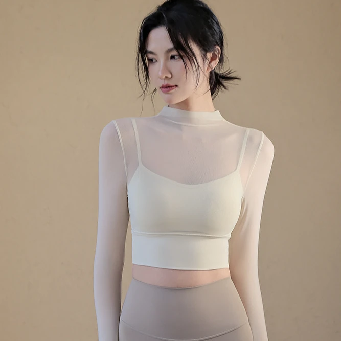 清仓性感网纱一体杯带胸垫运动健身衣防震训练上衣速干女瑜伽长袖