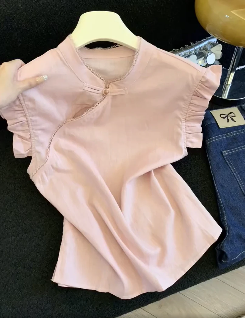 2025新款蕾丝领短袖上衣女夏季多巴胺独特漂亮气质新中式明媚T恤