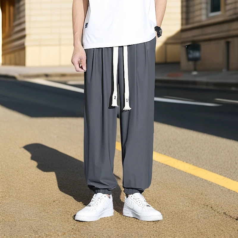 冰丝裤夏季潮牌休闲裤男士束脚宽松大码胖子九分裤子薄款直筒长裤