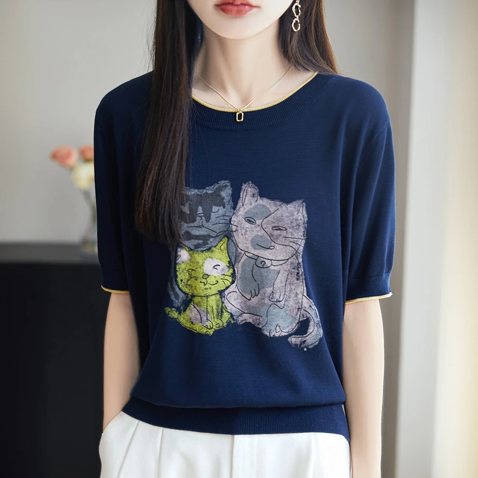 哥弟阿玛施正夏季新款针织衫T恤印花时尚圆领休闲宽松短袖上衣