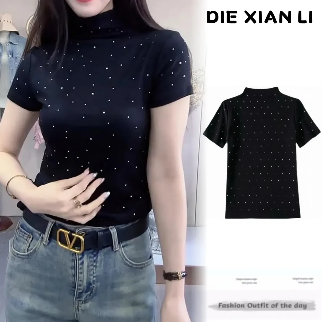 新款洋气小衫重工烫钻半高领修身短袖T恤打底衫时尚减龄内搭上衣