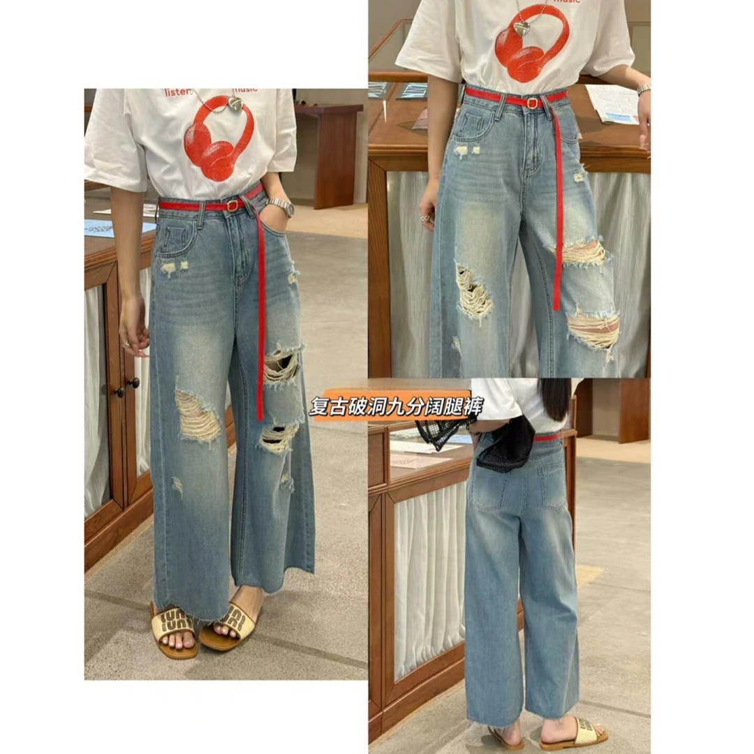 时尚街头破洞阔腿牛仔裤女夏季薄款韩系高腰显瘦宽松直筒九分裤女