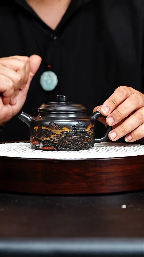 茶壶紫砂宜兴紫砂 德钟 石黄（彩陶刻）曹莹莹h452