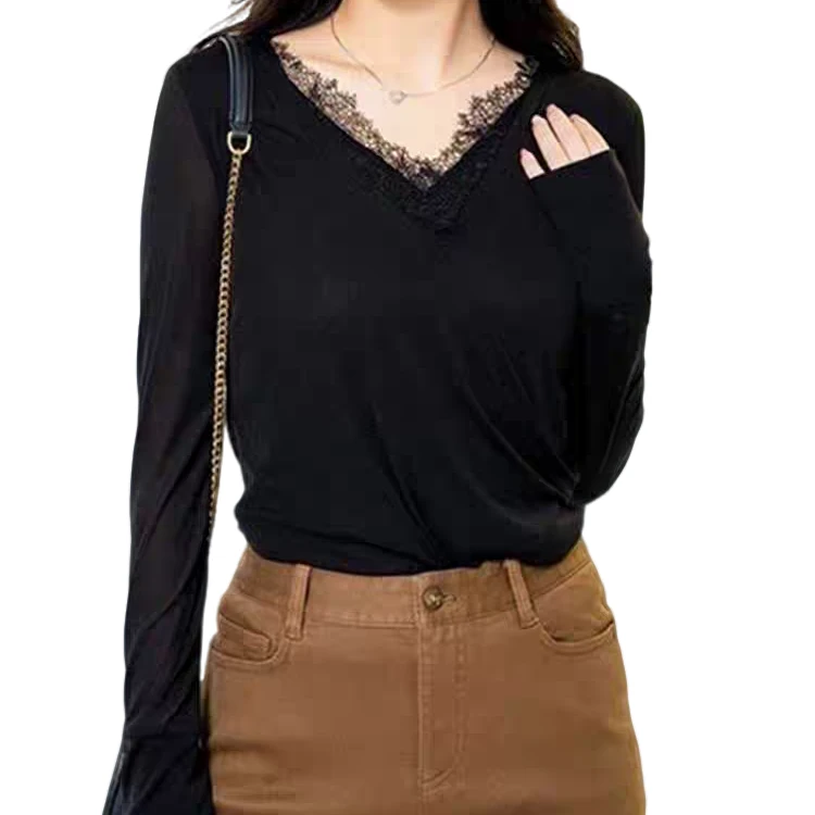 不退换 春夏百搭V领修身黑色蕾丝拼接长袖T恤1300933