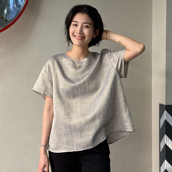 浪清/女装推荐 函密欧无印日系复古透气上衣44464#2025夏新款T恤