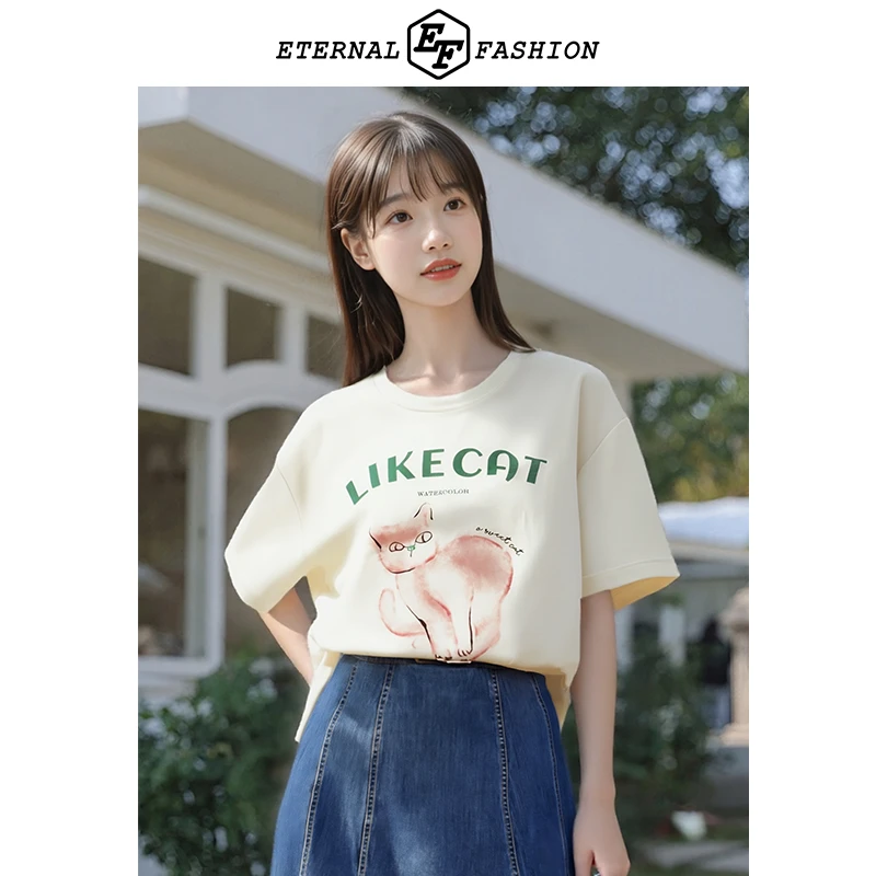 EF夏季新款半袖短款猫咪T时尚休闲百搭女短袖印花透气D1010221040