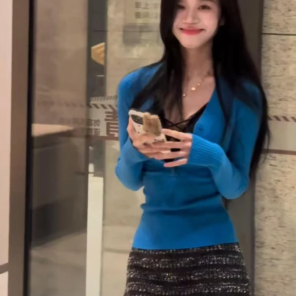 纯欲辣妹风修身针织打底衫女秋冬内搭设计感蕾丝假两件显瘦上衣