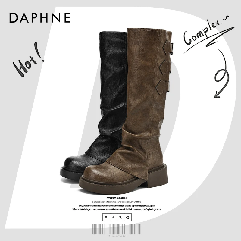 达芙妮爆款长筒靴女款2025新款秋冬棕色靴子棕色复古骑士靴堆堆靴