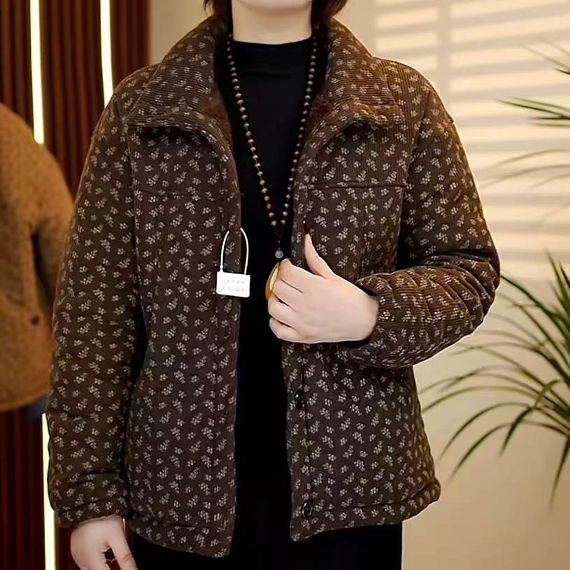 2025冬季新款碎花翻领加绒加厚棉衣百搭休闲显瘦棉服女