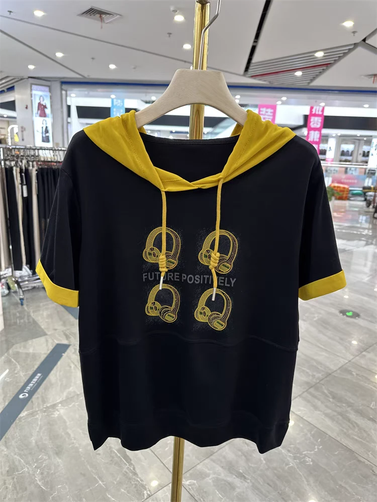 （女王范）862拼接连帽印花短袖T恤