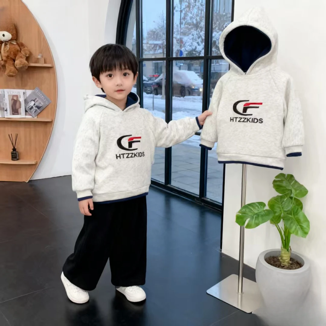 男童宽松加绒加厚卫衣秋冬季新款韩版连帽上衣儿童装时尚男孩中