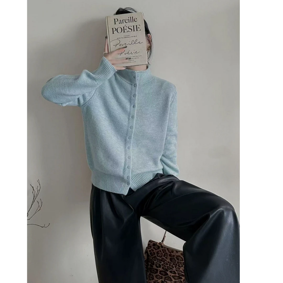 专属【方糖扣天空蓝】~立领长袖针织开衫秋冬单排扣设计感针织衫