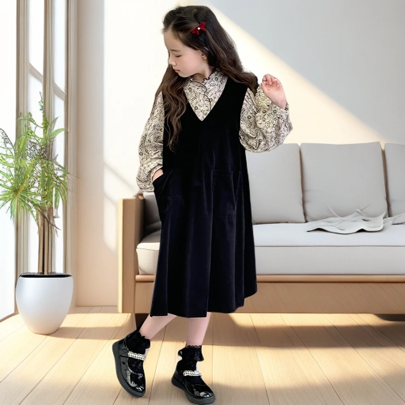 春秋装裙子女装儿童碎花衬衣灯芯绒背心裙两件套小女孩韩系裙套装