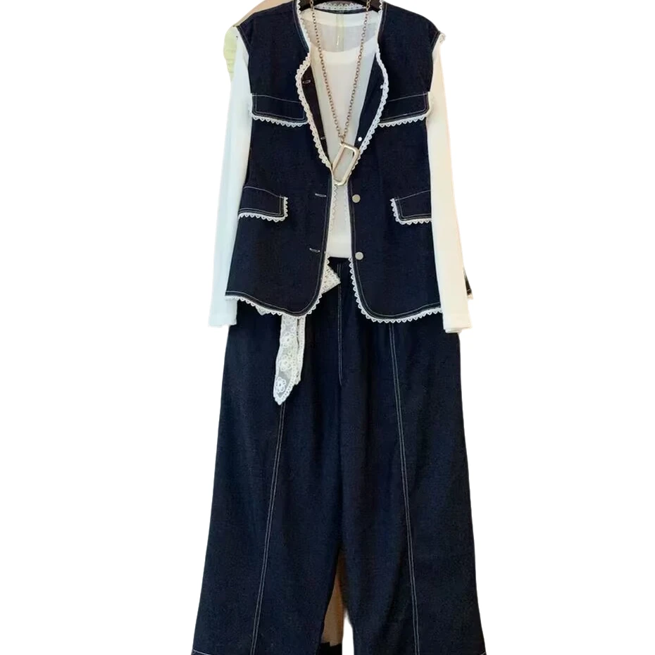 大维罗依FKX 新款大码水洗软牛仔防晒打底阔腿裤三件套