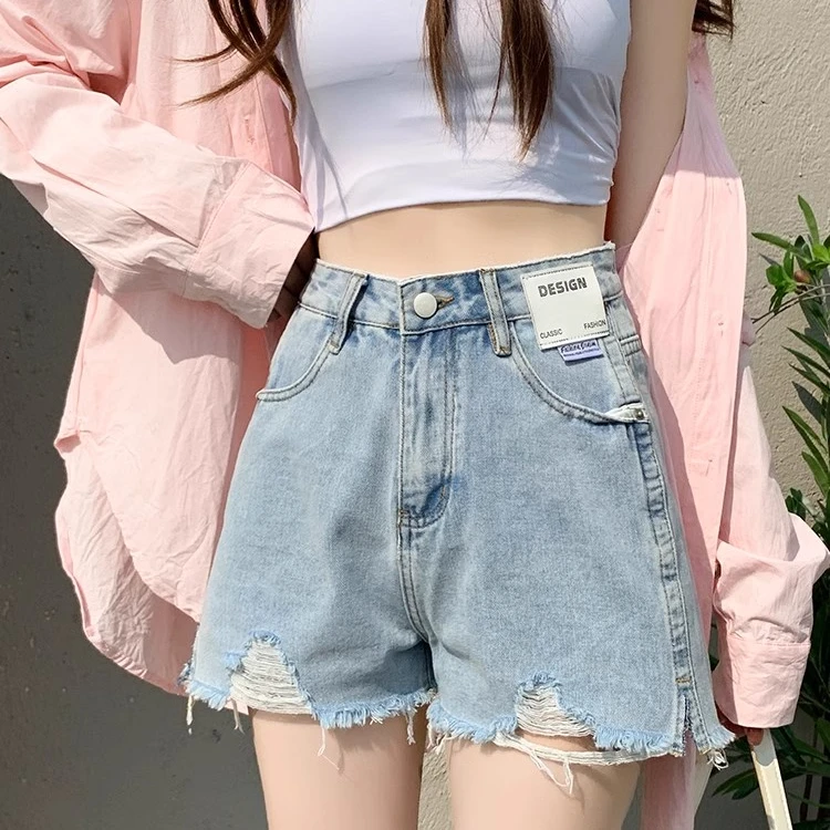 梨形身材浅蓝破洞牛仔短裤女夏大码胖mm高腰显瘦毛边a字阔腿热裤